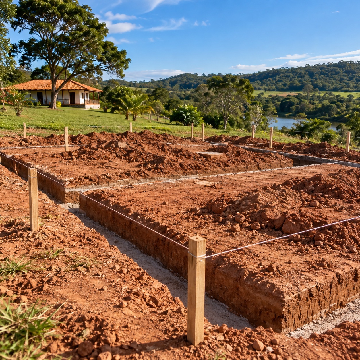 terreno marcado com estacas e linha, com vala de fundação aberta