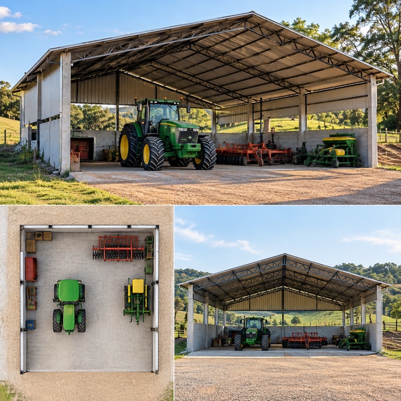 planta e fachada de um galpão de máquinas aberto com trator estacionado
