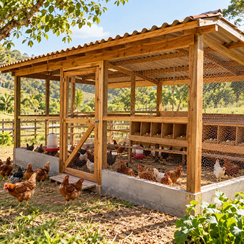 galinheiro de madeira para 100 aves com tela e ninhos à mostra