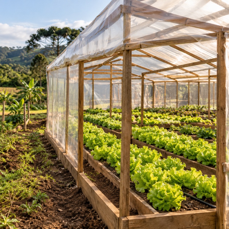 estufa de madeira coberta com plástico, com canteiros de alface dentro