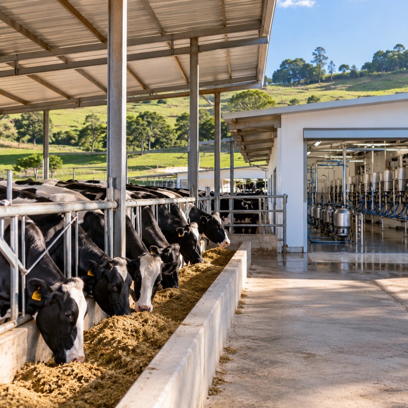 estábulo coberto com vacas no cocho e sala de ordenha ao lado