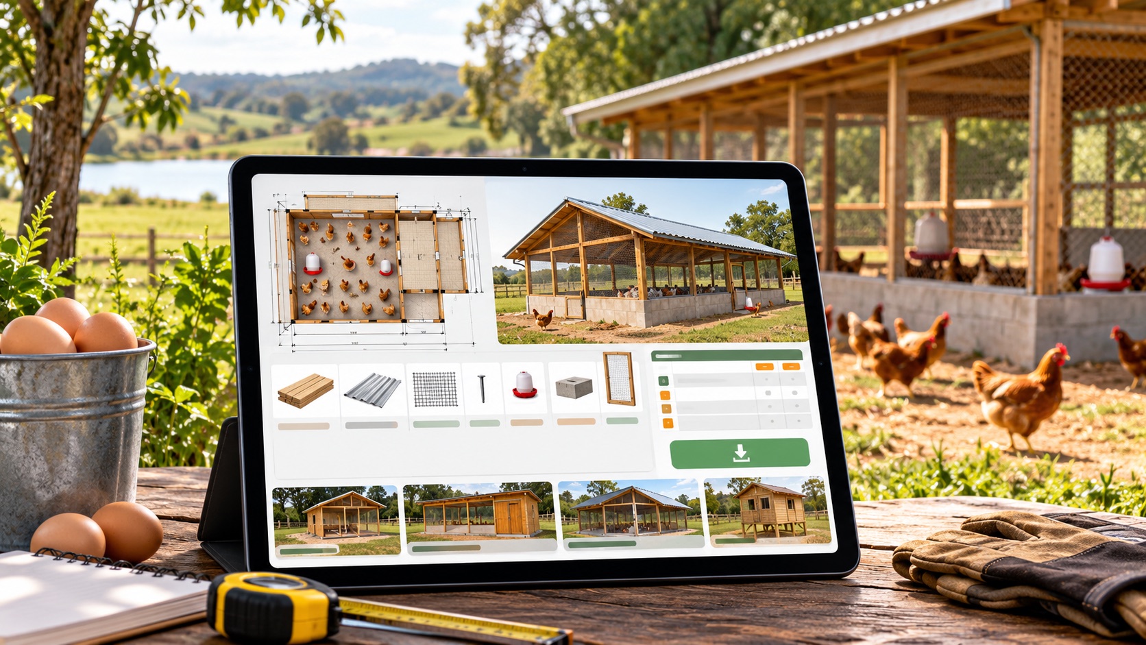 Projeto de galinheiro com planta, vista frontal e materiais